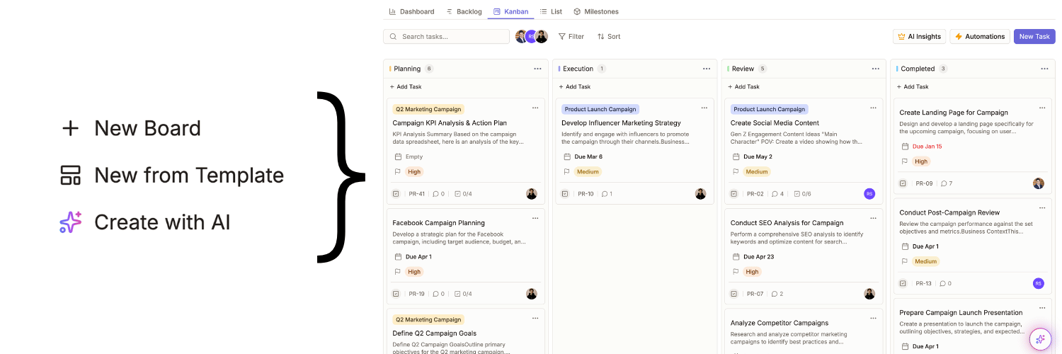 Create board options: + New Board, New from Template, Create with AI